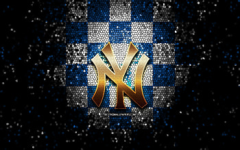 New York Yankees emblem, glitter logo, MLB, blue white checkered background, american baseball team, Major League Baseball, mosaic art, baseball, New York Yankees, NY Yankees HD wallpaper
