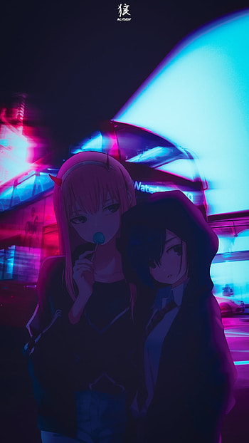 Zero Two & Ichigo, anime x reality, london, neon, anime aesthetic, anime , darling in the franxx, zero two, anime HD phone wallpaper