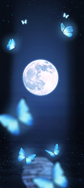 Moon, blue, butterflies, laluna, reflection, background, luna HD phone wallpaper
