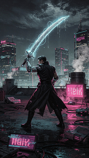 Neon Skyline Saber — Energy Sword , cyberpunk, sword, cyborg HD phone wallpaper