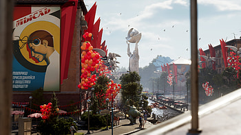 Atomic Heart Game - Futuristic Soviet Aesthetics, video game, Atomic Heart, cityscape, festival, flag HD wallpaper