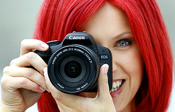 Say Cheeeeese!, blue eyes, camera, red hair, canon, girl HD wallpaper
