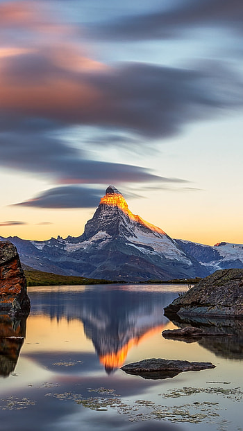 Matterhorn , , Sunrise, Stellisee lake HD phone wallpaper