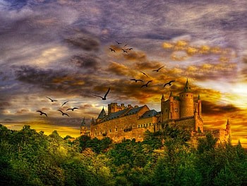 fantasy castle, blue sky, birds, clouds, trees, building HD wallpaper
