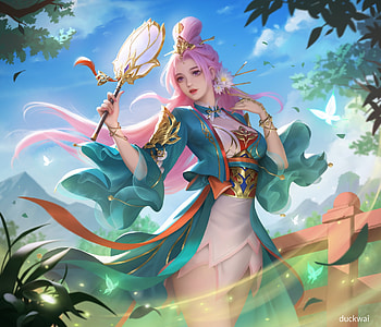Fantasy girl, duck wai, green, gorgeous, girl, blue, frumusete, superb, hand fan, pink, fantasy, evantai HD wallpaper