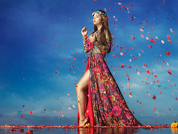 Beautiful girl in water, petals, beautiful, flowers, girl, gait, water HD wallpaper