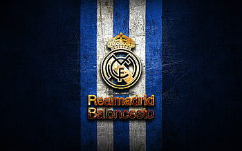 Real Madrid Baloncesto, golden logo, ACB, blue metal background, spanish basketball team, Real Madrid Baloncesto logo, basketball, Real Madrid Basketball HD wallpaper