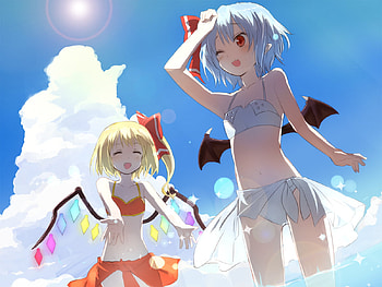 Remilia & Flandre, cute, red eyes, blue hair, remilia scarlet, touhou, short hair, girls, sky, blonde hair, flandre scarlet HD wallpaper