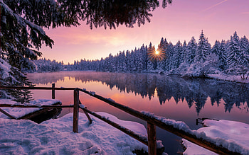 Pond Gruyere, Switzerland, reflections, lake, winter, snow, trees, sky, water HD wallpaper