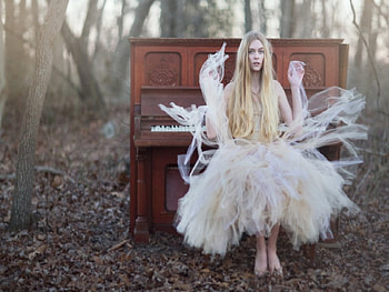 Forest song, leaves, piano, trees, women, sky, lace dress, forest HD wallpaper