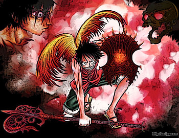 Kafs fury, shield, wings, luffy, red, skull, flame, axe, cloud HD wallpaper