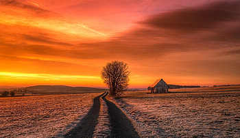 hoarfrost on the fields, autumn, fields, frost, tool shed HD wallpaper