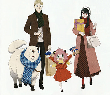 Spy x Family – Loid, Anya, Yor & Bond in Cozy Winter Style, Loid Forger, Anya Forger, Yor Forger, Bond (Spy x Family), Anime, Spy x Family HD wallpaper