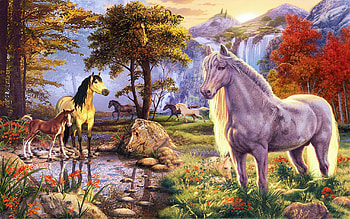 Horses, digital, art, trees, nature, pond HD wallpaper