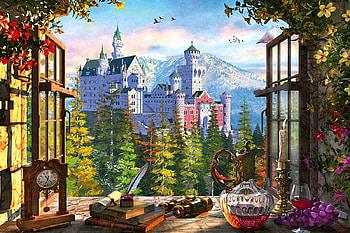 View of the Fairytale Castle, digital, window, art, building, alps, neuschwanstein, mountains HD wallpaper