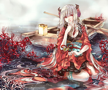 Japanese Demon, blue, boat, kimono, cute, long hair, beauty, lady, water, female, sweet, art, grey, horns, soft, girl, beautiful, demon, woman, anime, pretty, white hair, red, flowers, lovely HD wallpaper