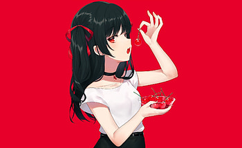 Anime girl, cute, cherry, eating HD wallpaper