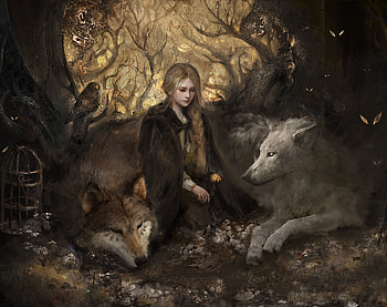Wolf walker, fantasy, yiart, yi, art, girl, forest, dark, golden, wolf, lup HD wallpaper