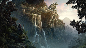 Dragonfalls, dragon, waterfall HD wallpaper