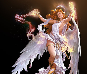 Angel, white, fantasy, art, crazyred, girl, shim jae woo, wings, black, redhead HD wallpaper
