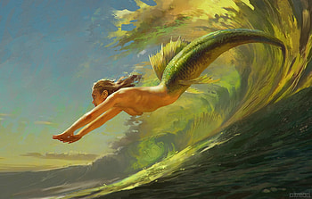 Mermaid, frumusete, art, gorgeous, anna podedworna, girl, orange, summer, superb, fantasy, green, luminos, water, siren, vara HD wallpaper