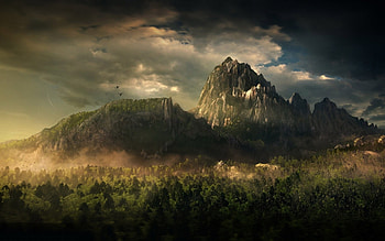 Sunset twilight, meadow, grass, haze, twilight, clouds, nature, sky, mountains, sunset HD wallpaper
