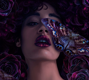 Moths, art, girl, cecilia g f, dark, butterfly, fantasy, face, luminos, moth HD wallpaper