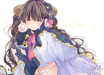 I'm glad you are here, underwear, cute, ribbons, stars, long hair, dress, beauty, nice, female, sweet, blue floers, horns, pink rose, beautiful, anime girl, anime, pretty, sakuragi yuzuki, light, brown hair, pink flowers, flowers, blush, panties, lovely HD wallpaper