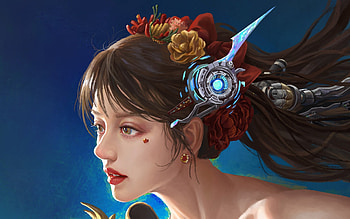 Fantasy girl, red, gorgeous, face, girl, profile, blue, frumusete, chen yingjun, superb, fantasy, luminos HD wallpaper
