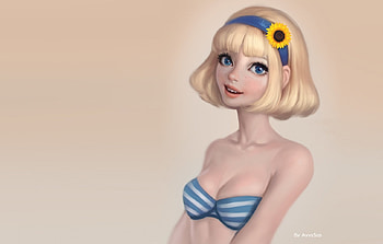 Girl, blue, blonde, ayyasap, summer, swimsuit, fantasy, portrait, flower, yellow, luminos HD wallpaper