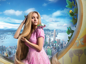 Rapunzel, blue, pink, blonde, fantasy, irina safronova, girl HD wallpaper