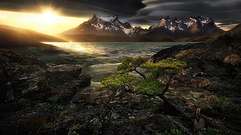 Torres del Paine National Park, Dark mountains, Snowy landscape, XFCE HD wallpaper