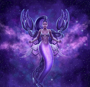 Zodiac ~ Scorpio, blue, mermaid, frumusete, gorgeous, girl, yasushi matsuoka, summer, purple, superb, fantasy, zodiac, luminos, scorpio, siren, vara HD wallpaper