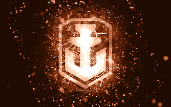 World of Warships brown logo, , brown neon lights, WoWS, brown abstract background, World of Warships logo, online games, WoWS logo, World of Warships HD wallpaper