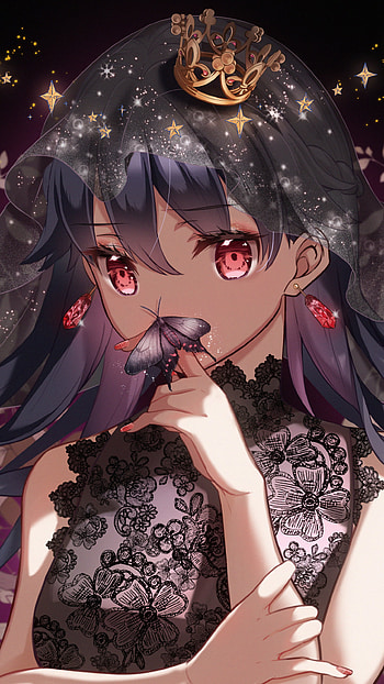 Crimson Butterfly: Violet-Haired Anime, butterfly, purple hair, red eyes, Anime, Original HD phone wallpaper