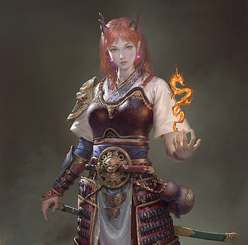 Fantasy girl, luminos, girl, hand, ouer7901, ocass, frumusete, armir, earrings, fantasy, dragon, redhead, warrior HD wallpaper