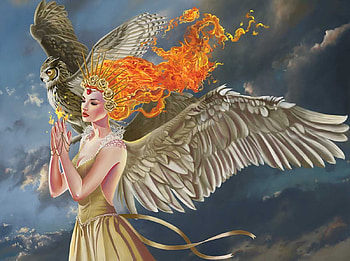 Angel, wings, art, bird, girl, orange, owl, fantasy, bufnita, luminos, fire, pasari HD wallpaper