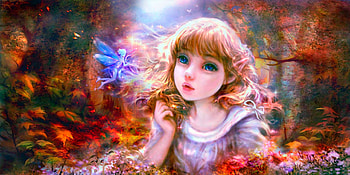 Elf girl and fairy, art, red, girl, orange, elf, blue, frumusete, gorgeous, superb, fairy, fantasy HD wallpaper