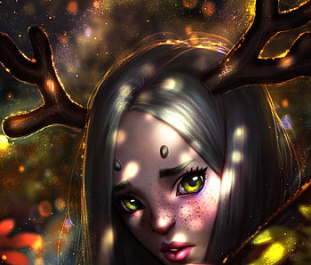 Forest deer, horns, art, ayyasap, girl, woman, fantasy, face, freckles, luminos HD wallpaper
