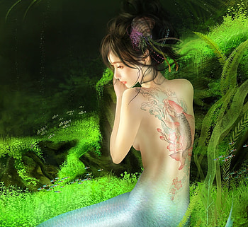 Mermaid, art, fantasy, green, tattoo, girl, siren, jason lan, summer, vara HD wallpaper