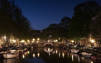 Amsterdam night lights, Holland cityscape, Tranquil setting, Netherlands travels HD wallpaper