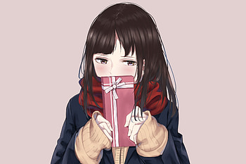 Cute, anime girl, shy, gift box HD wallpaper