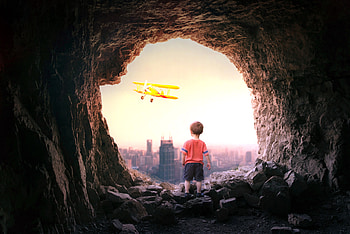 City, Miscellanea, Miscellaneous, Plane, Airplane, View, Cave, Child HD wallpaper