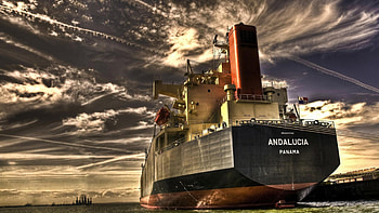 docked freight ship r, freight, ship, clouds, r, dock, harbor HD wallpaper