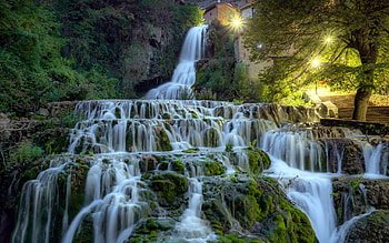 Waterfall, nature, lights, tree HD wallpaper