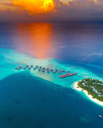 Sunset, aerial view, tropical island, resort, huts HD phone wallpaper