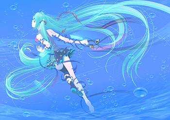 Miku Hatsune, blue, heads, append, cute, wonderful, nice, miku, hatsune, fantastic, shine, underwater, water, sunshine, dressa, strange, eyes, aqua, beautiful, pretty, bubbles, hair, long HD wallpaper