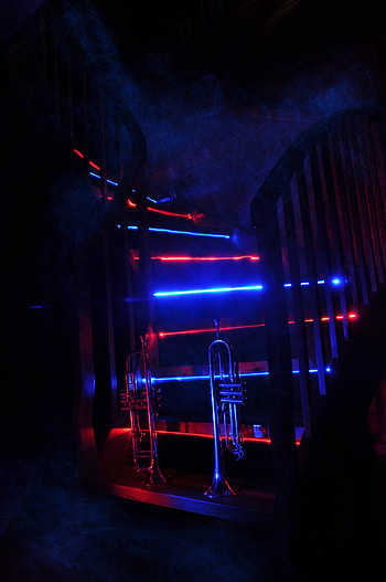 Music, Smoke, Dark, Neon, Illumination, Backlight, Ladder, Stairs, Trumpet, Pipe HD phone wallpaper