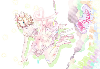 Vocaloid, blue eyes, kagamine rin, head band, short hair, blonde hair, dress, candy HD wallpaper