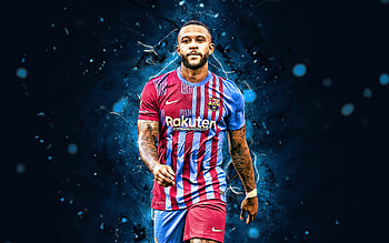 Memphis Depay Barcelona, , 2022, blue neon lights, FCB, dutch footballers, FC Barcelona, Barca, football, LaLiga, Memphis Depay , soccer, Barcelona FC, Memphis Depay, La Liga HD wallpaper